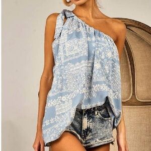 Blue Patterned One-Shoulder Women's Top